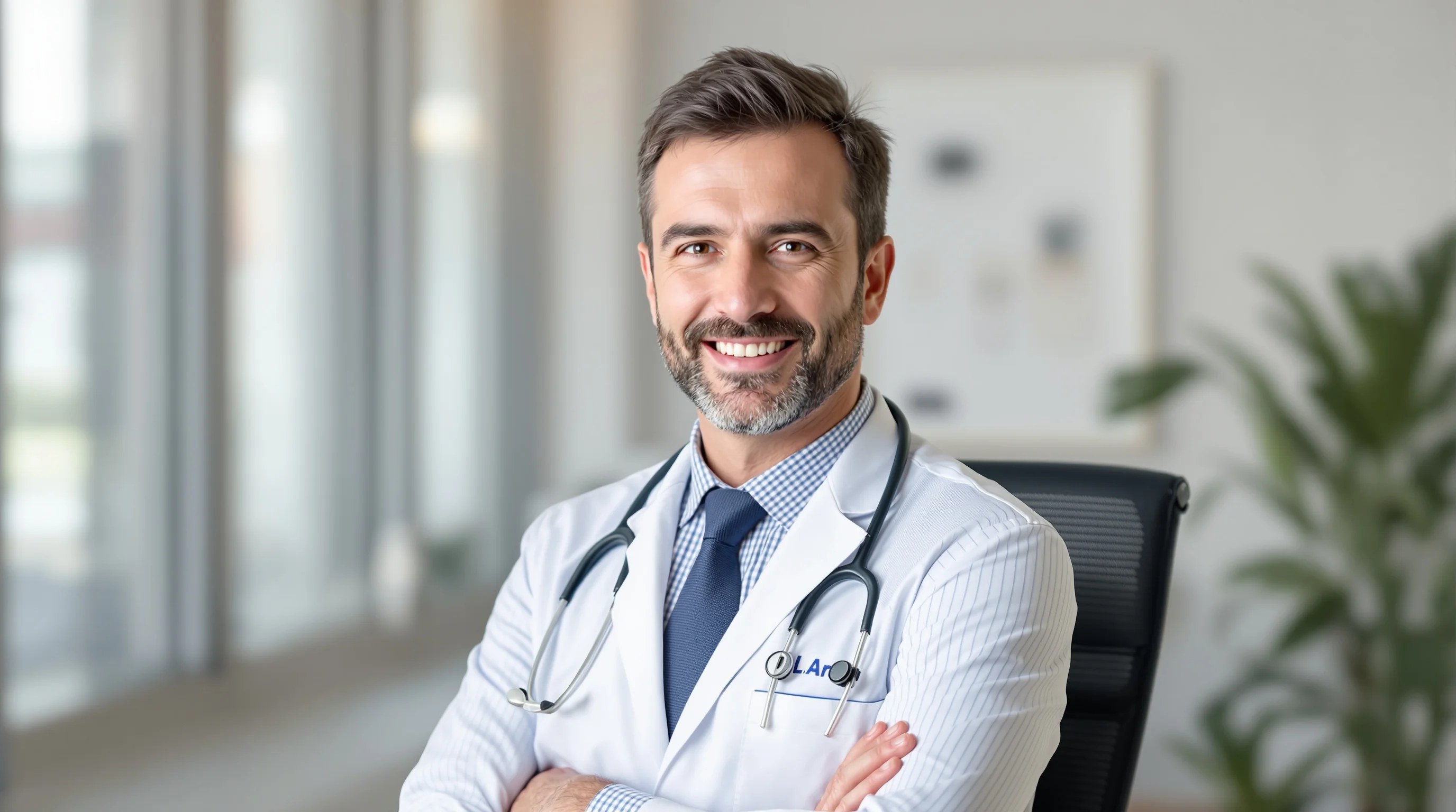 Halbporträt eines Arztes in Sakko, neutraler Hintergrund, freundlich und professionell