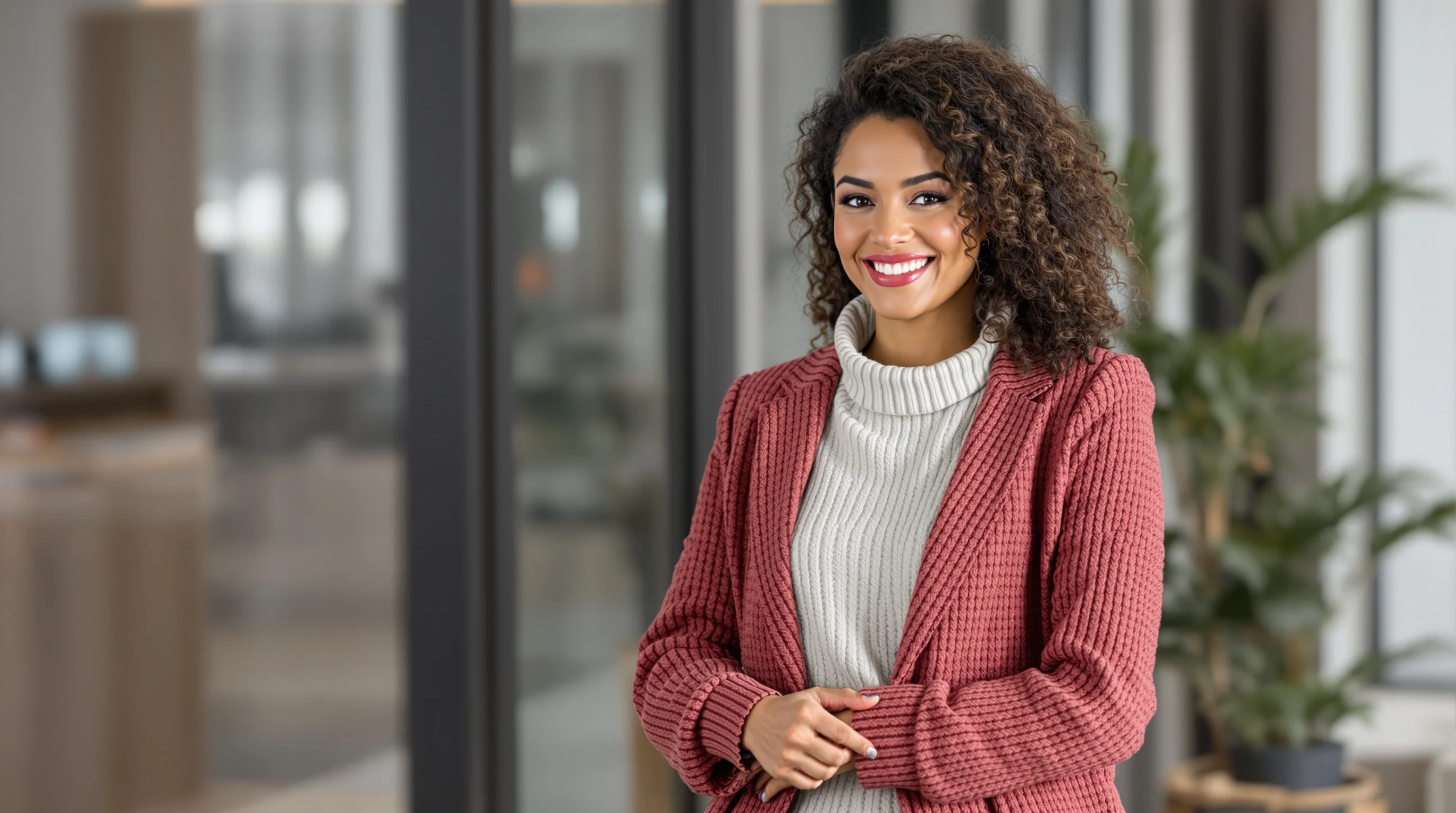 Frau im Bewerbungsfoto ohne Blazer, elegante Bluse, natürlicher Hintergrund