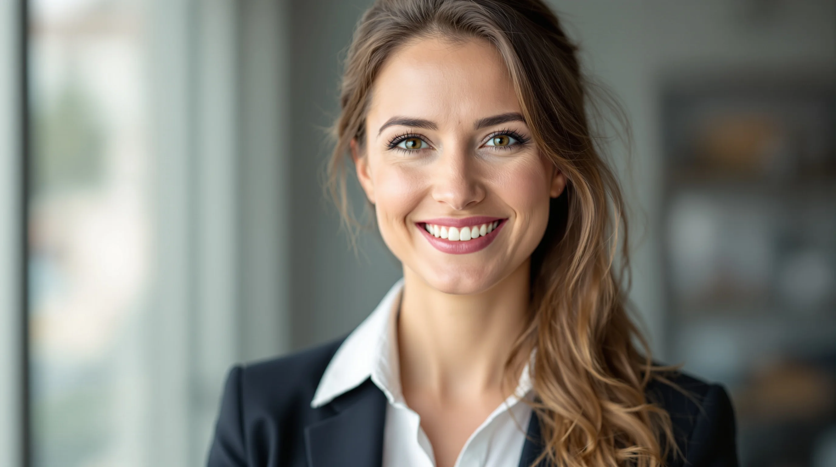 Porträt einer lächelnden, professionell gekleideten Frau vor neutralem Hintergrund