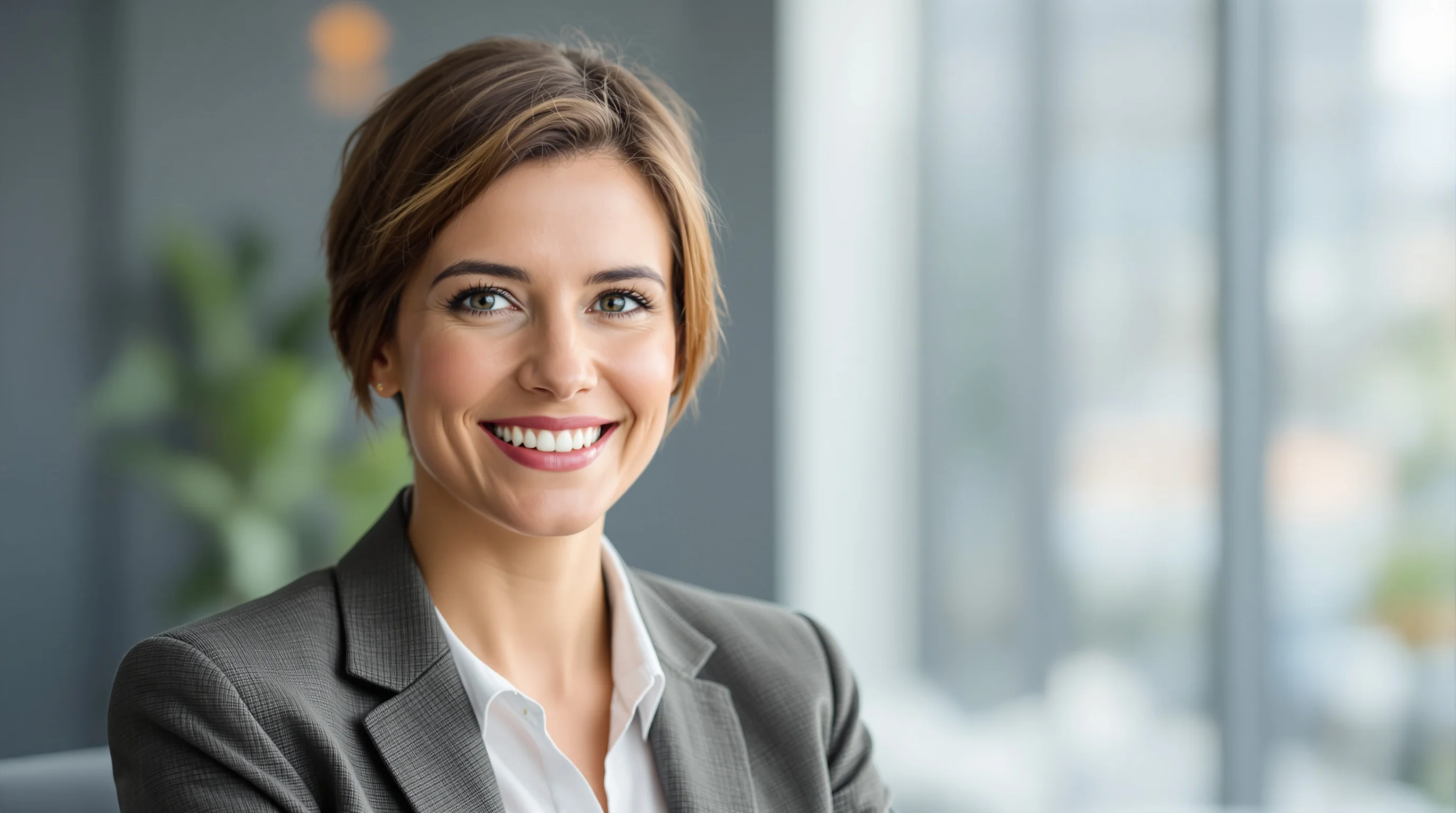 Portrait einer Person mit gepflegter, klassischer Frisur vor neutralem Hintergrund