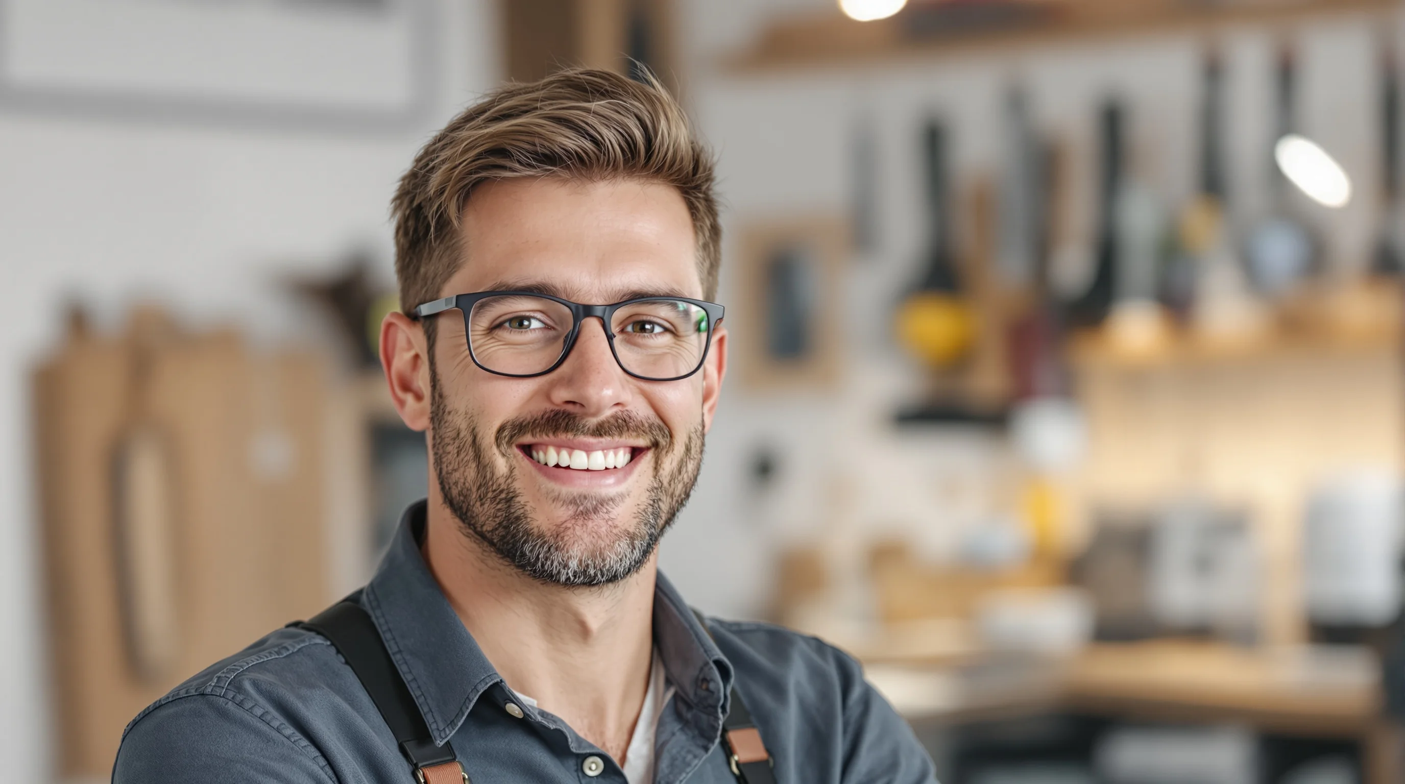 Portrait eines selbstbewussten Handwerkers in dezenter Kleidung vor unscharfem Werkstatt‑Hintergrund
