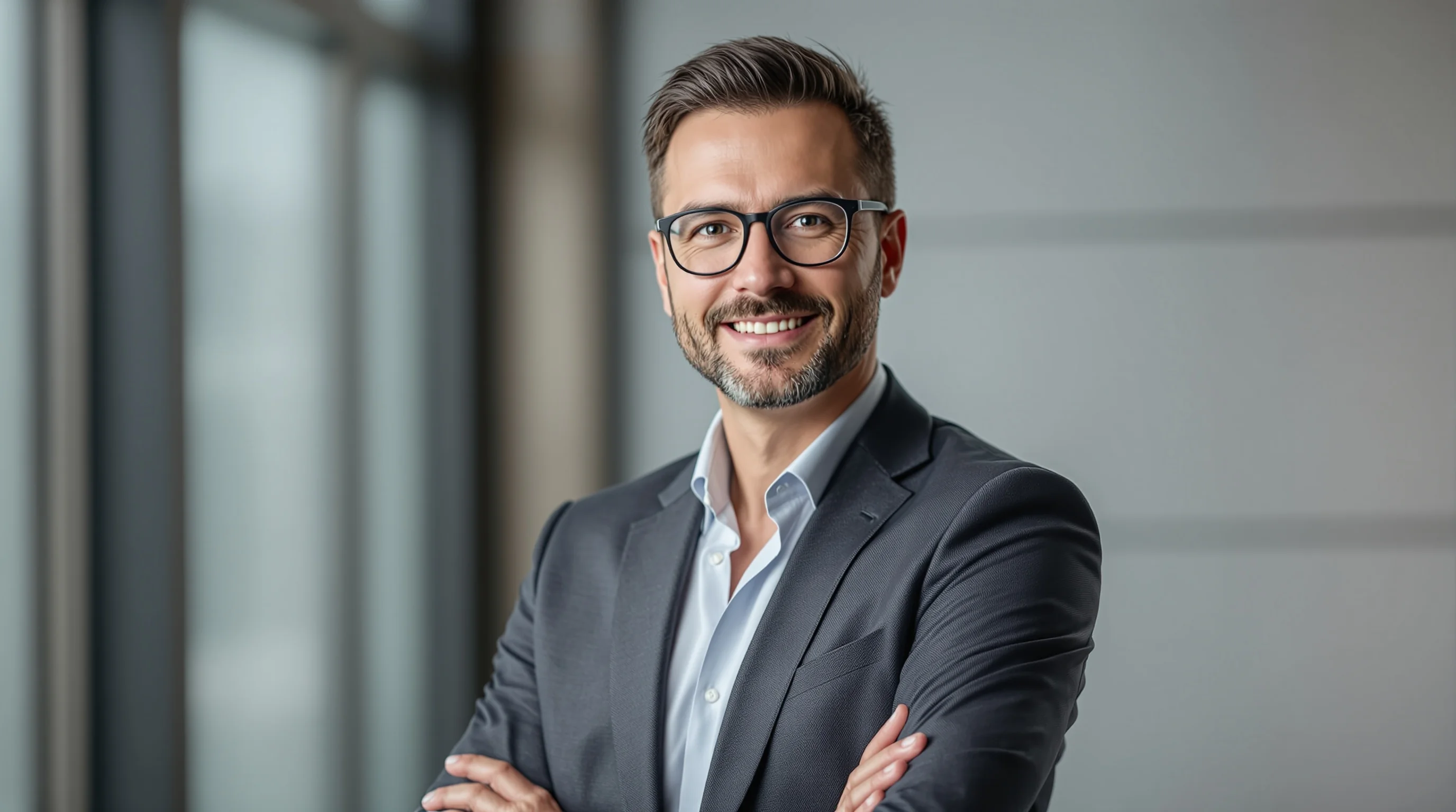 Ingenieur lächelt leicht in professionellem Bewerbungsfoto; modernes, dezentes Hintergrund-Bokeh