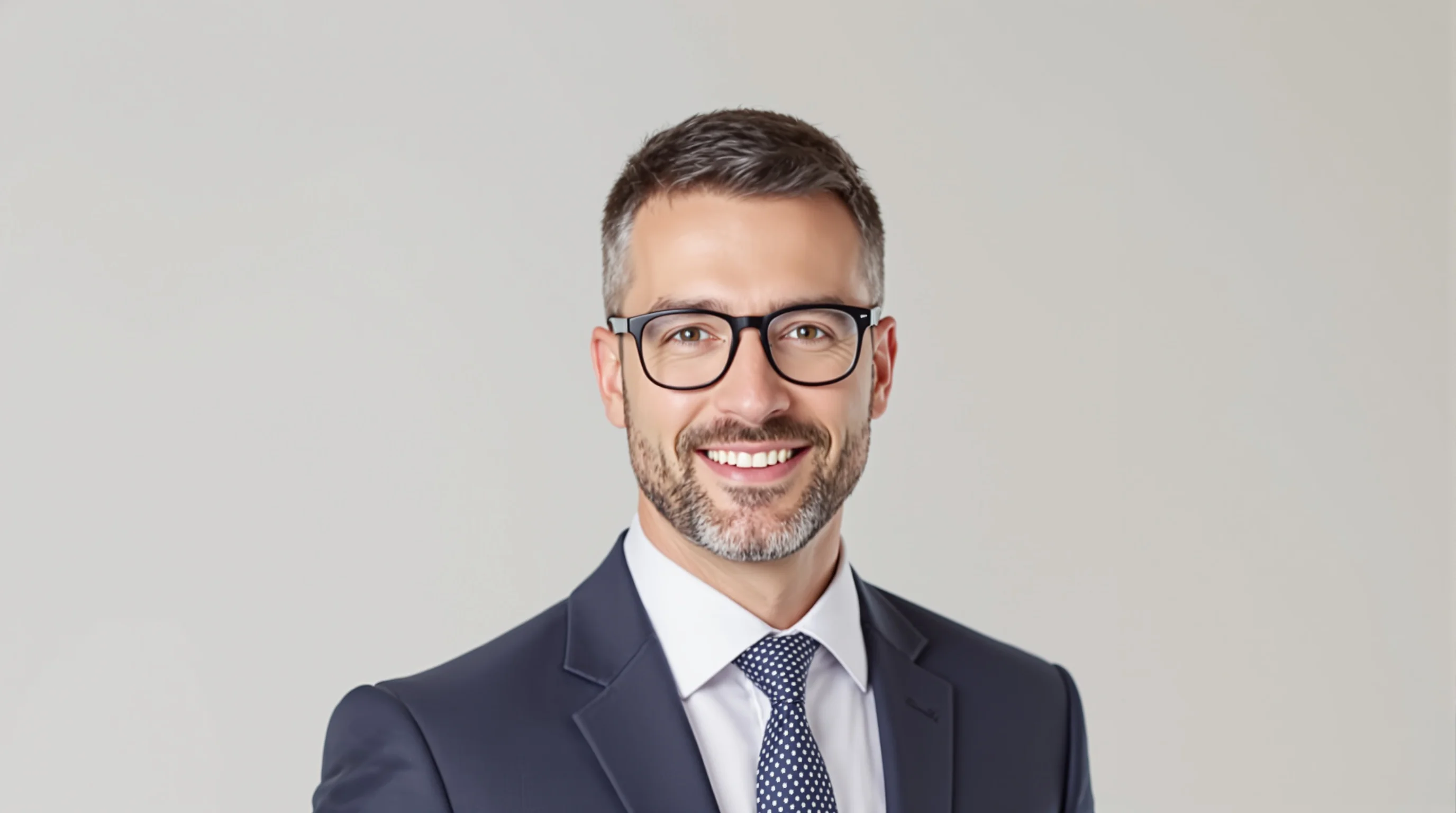 Porträt eines Bewerbers in klassischem Business-Outfit vor neutralem Hintergrund