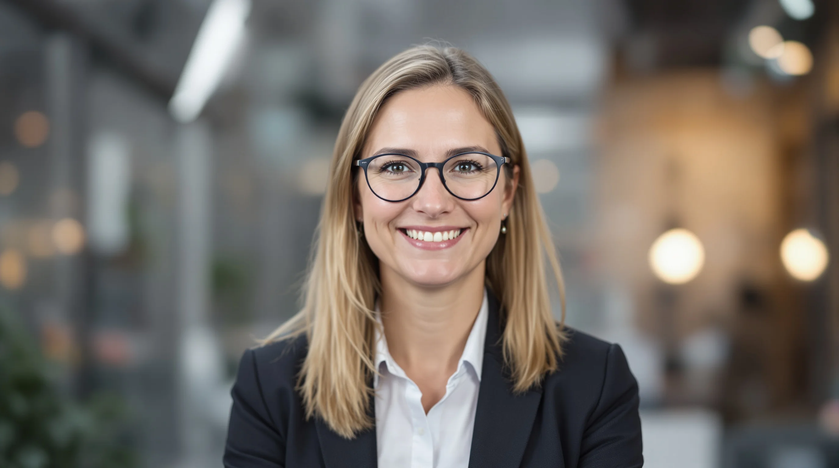 Bewerber‑Porträt im Business‑Outfit, freundliches Lächeln, neutraler Hintergrund