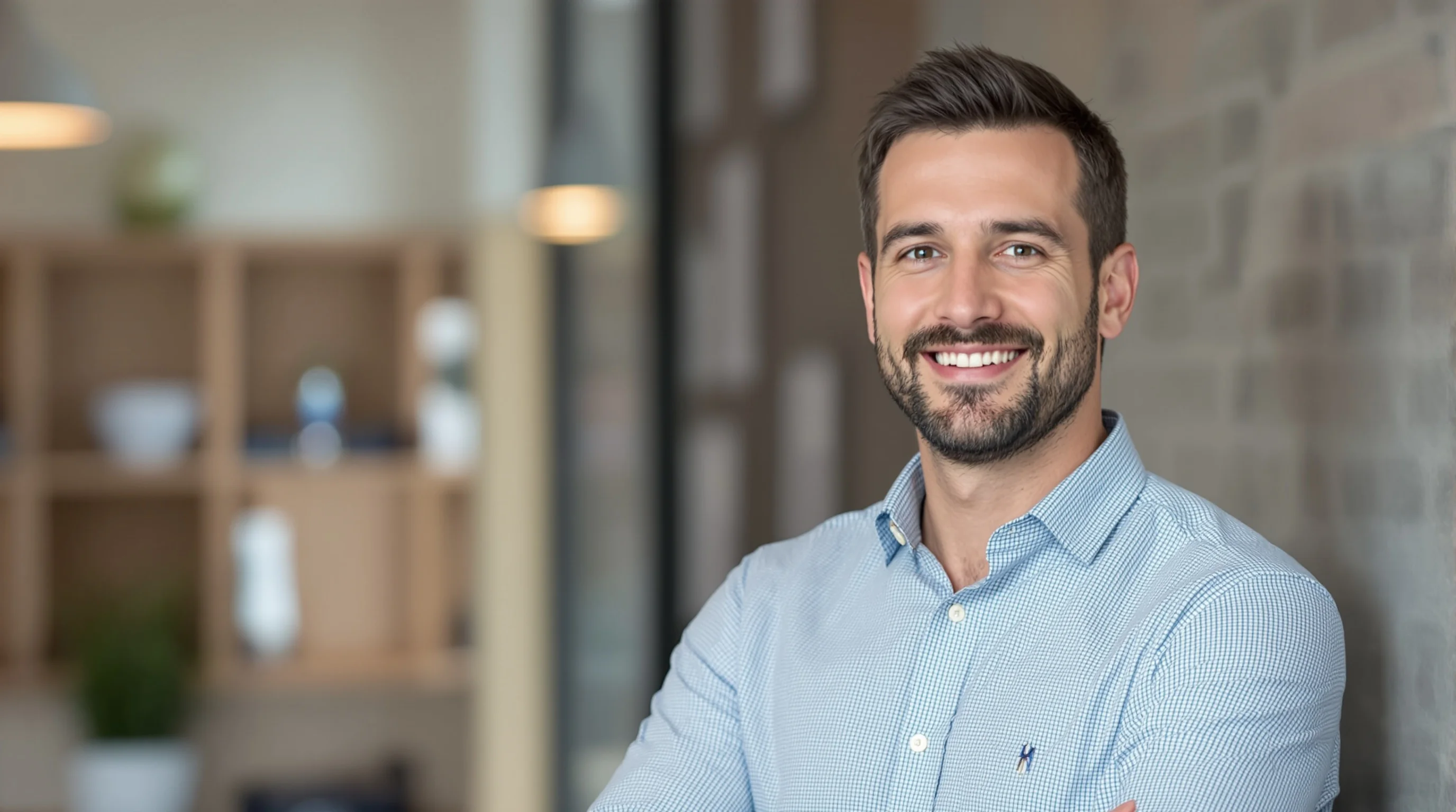 Porträt eines selbstbewussten jungen Mannes in Business-Kleidung, freundlich lächelnd vor neutralem Hintergrund.