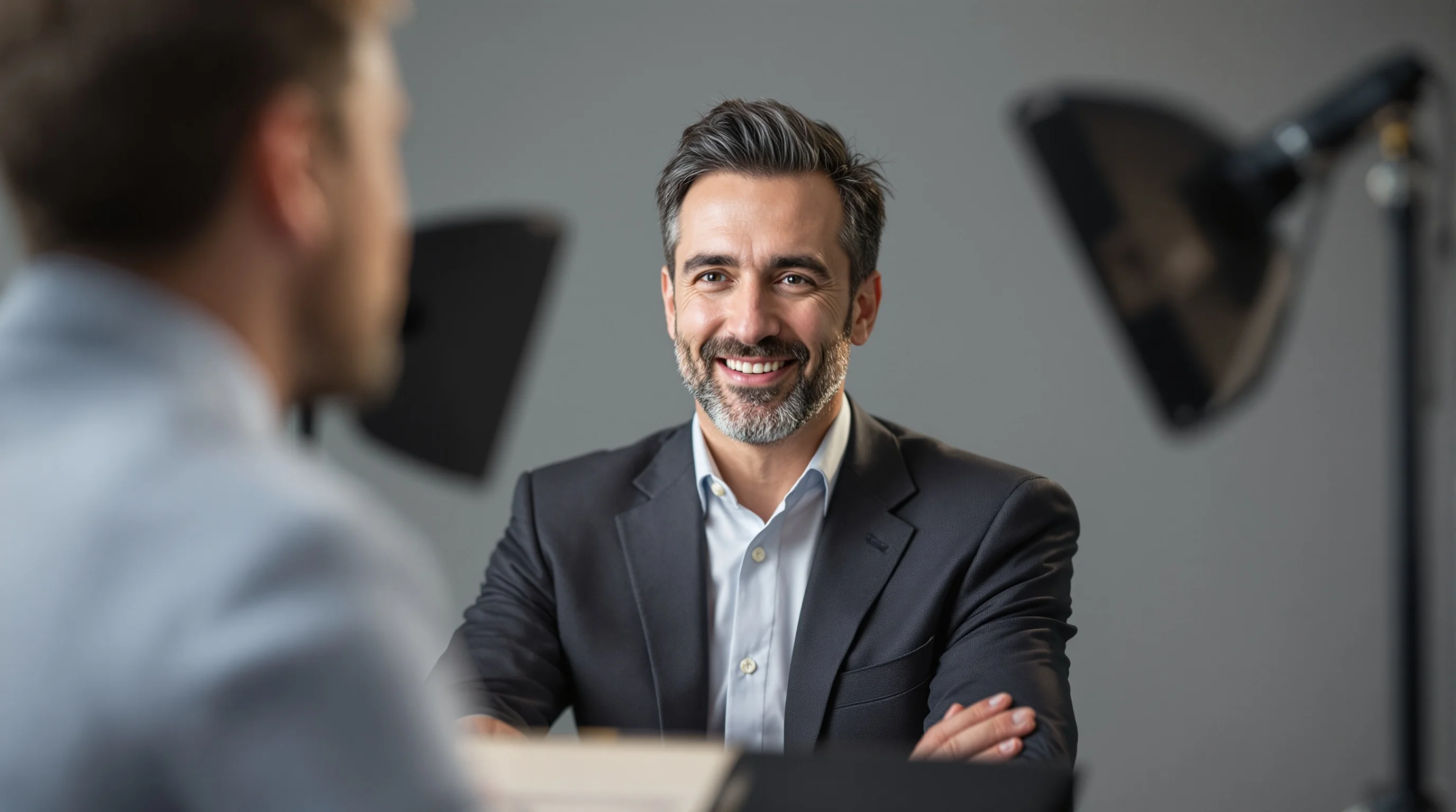 Mann übt Mimik vor Spiegel, natürliche Pose und authentisches Lächeln.
