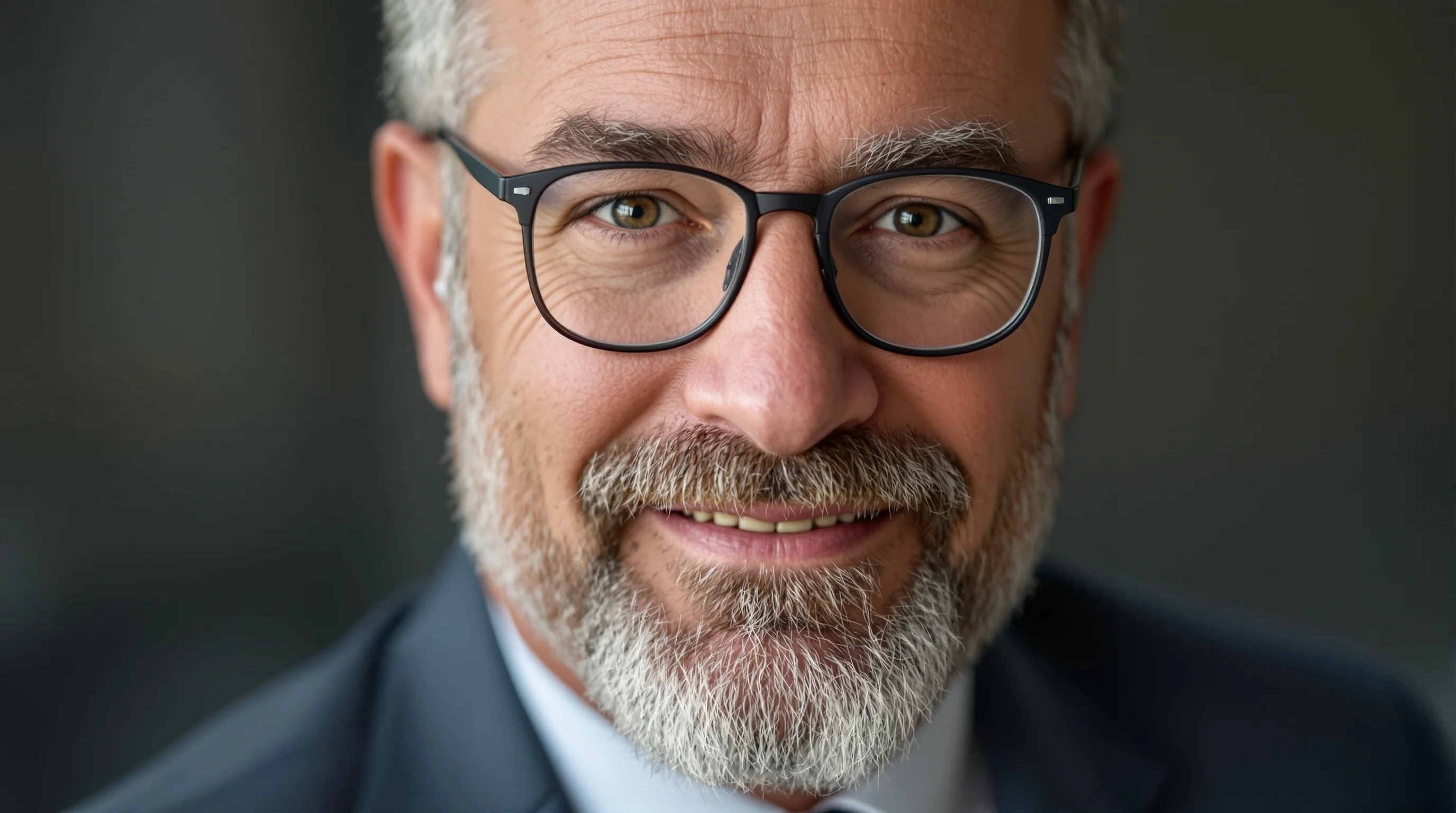 Mann mit gepflegtem kurzen Vollbart in Sakko vor neutralem Hintergrund