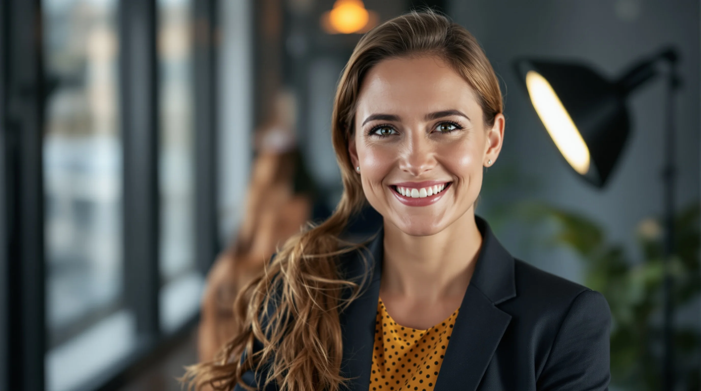 Junge Person in Business-Kleidung macht Bewerbungsfoto mit Smartphone auf Stativ vor neutralem Hintergrund