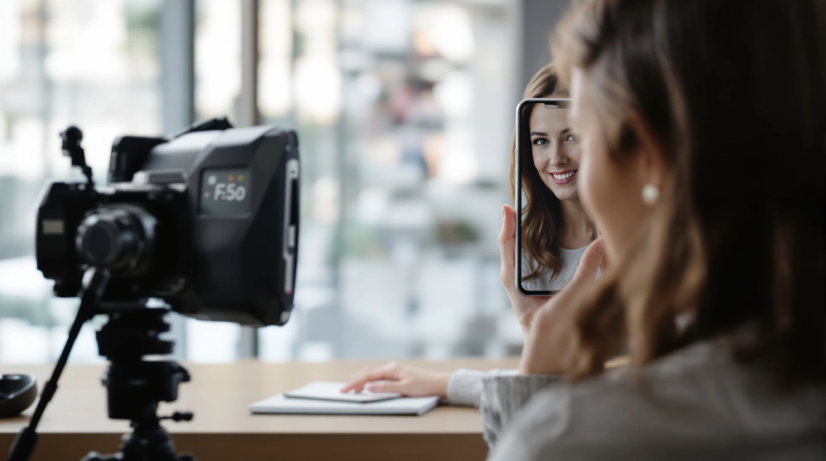 Smartphone auf Stativ macht Bewerbungsfoto zuhause