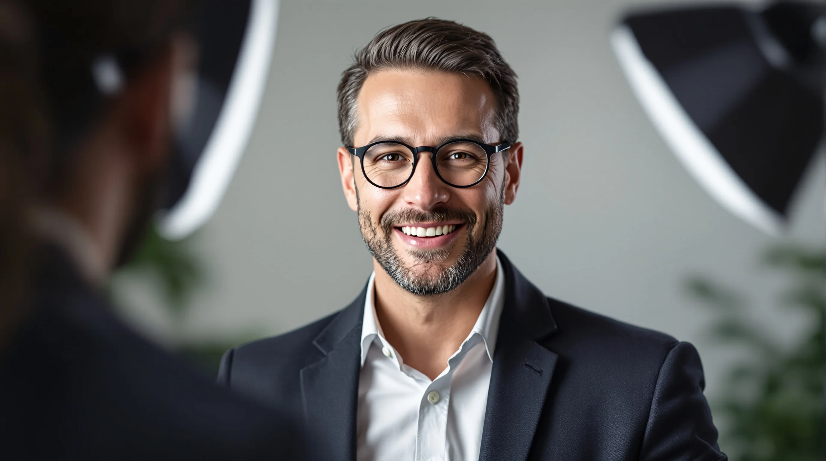 DIY Business-Shooting mit Smartphone auf Stativ vor neutralem Hintergrund