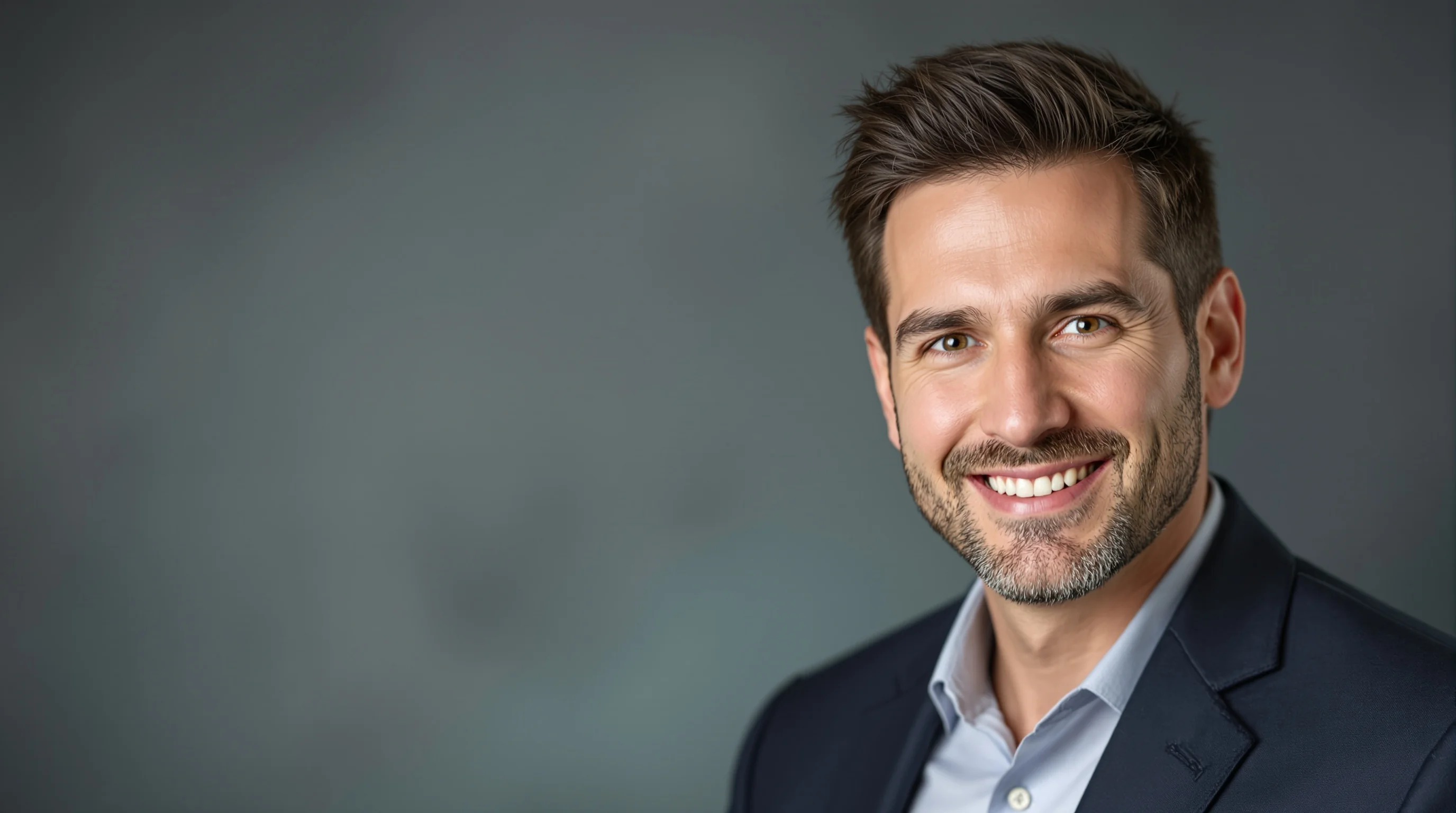 Beispiel Posing für Business-Porträt: leichte Drehung, entspanntes Lächeln