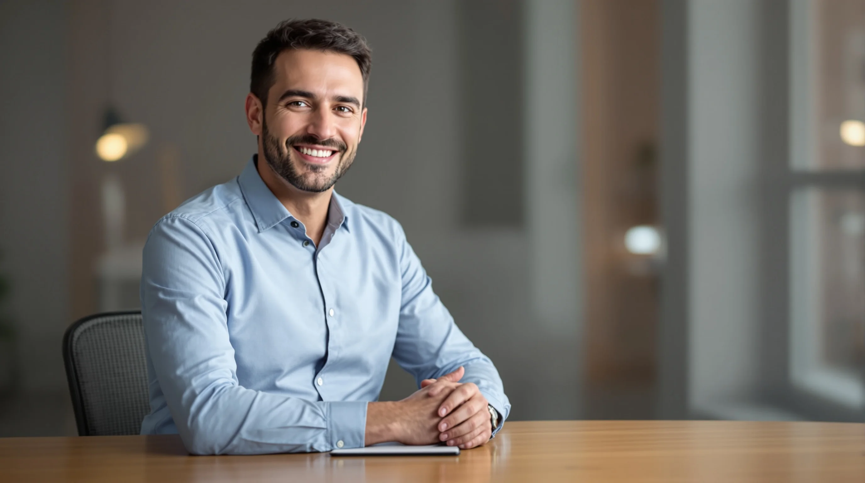 Vier KI-generierte Business-Porträts mit unterschiedlichen Hintergründen und Outfits