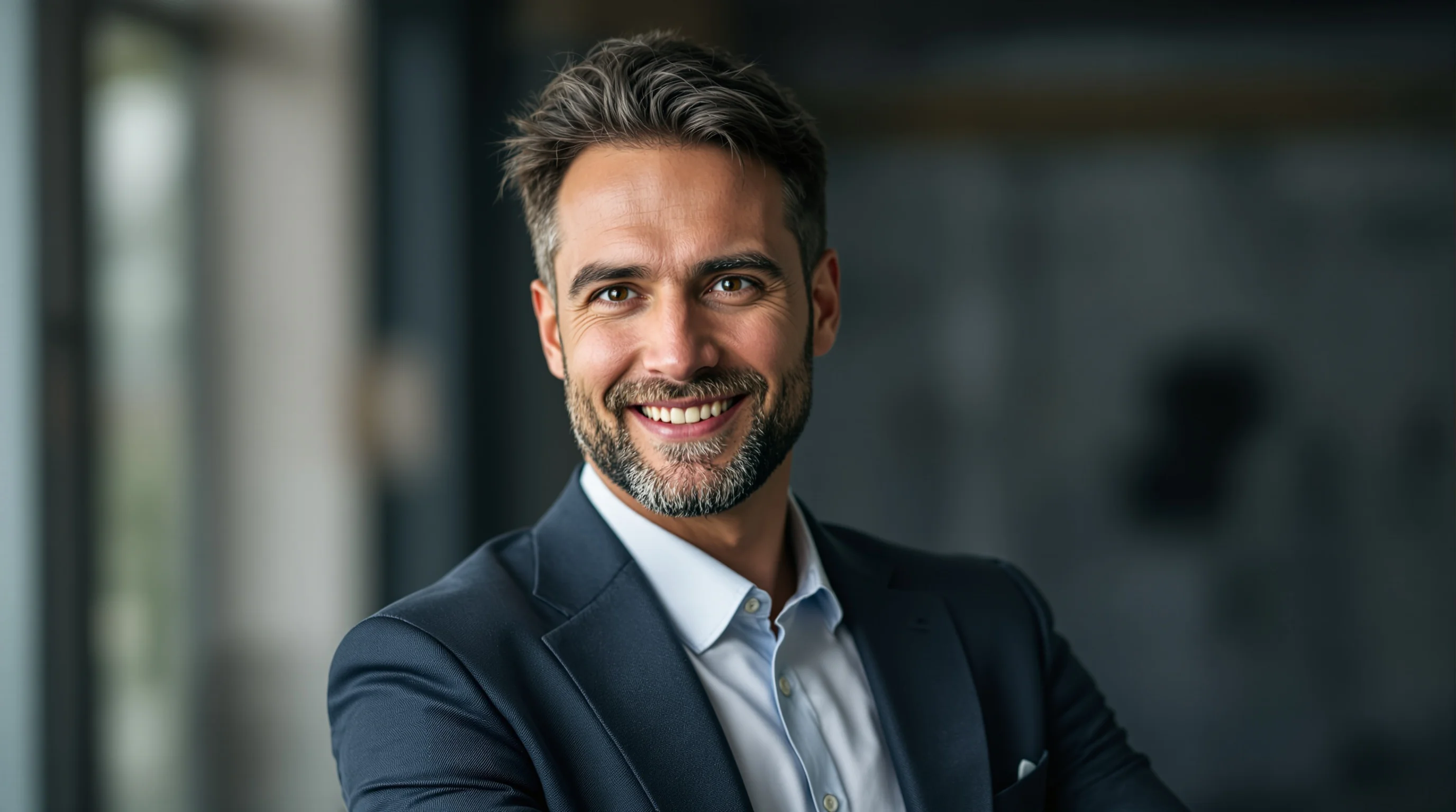 Beispiel eines seriösen Businessportraits: ruhiger Hintergrund, natürliche Mimik.